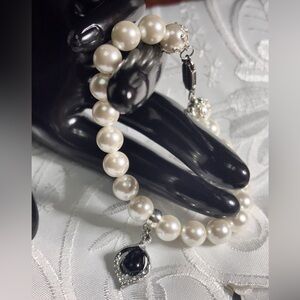 Handmade White Pearl Bracelet Pendant Black Silver and Rhinestones 7.5 inches